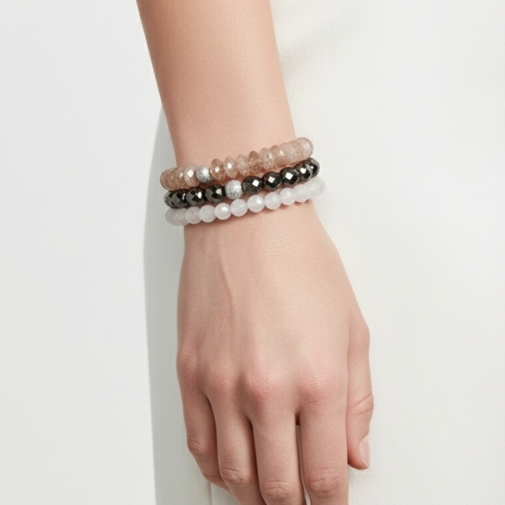 Set Of 3 Multi-Color Beaded Bracelets Pink Black White New